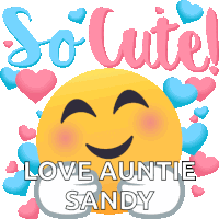 a smiley face with the words so cute love auntie sandy surrounded by hearts