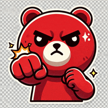 a sticker of a red teddy bear with an angry expression