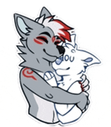 a cartoon wolf is hugging a white cat .