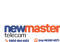 a blue and orange logo for newmaster telecom with a phone number