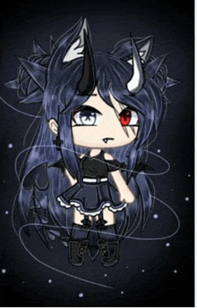 a drawing of a girl with long black hair and horns