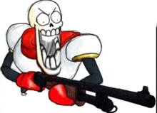 a cartoon skeleton is holding a shotgun with boxing gloves on .