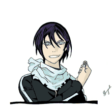 a drawing of a man with purple hair holding a coin