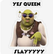 shrek is wearing sunglasses and a necklace and says `` yes queen slay yy '' .