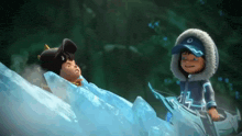 two cartoon characters are standing next to each other in a snowy area