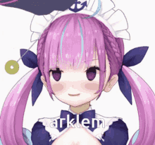 a girl with purple hair is wearing a maid outfit and has the word arkem written on her chest