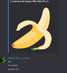 a picture of a peeled banana with a caption that says causa # 0 hoy a la 1:14