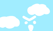 a blue background with white clouds and an arrow
