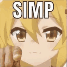 a close up of a person pointing at a anime girl with the word simp on her face .