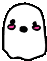 a white ghost with pink eyes and a black nose .