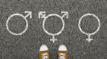 a person 's feet are standing in front of a row of gender symbols .