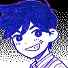 a black and white drawing of a boy with blue hair and a smile on his face .