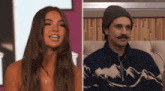 a man with a mustache next to a woman with the letter t on her neck