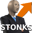 a man in a suit and tie is standing in front of an orange arrow with the words stonks written on it .