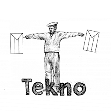 a black and white drawing of a man with his arms outstretched and the word tekno written below him .