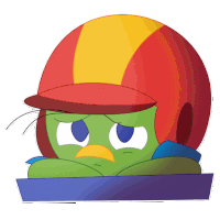 a green cartoon character wearing a red and yellow helmet