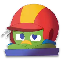 a green cartoon character wearing a red and yellow helmet