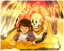 a cartoon drawing of a girl and a skeleton in a tent