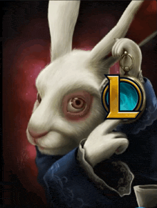 a picture of a white rabbit with a league of legends logo