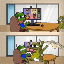 a cartoon of two frogs having a video call with a group of people