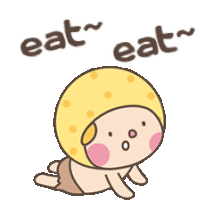 a cartoon of a baby wearing a yellow hat that says eat eat