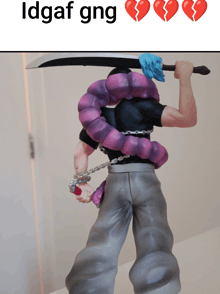 a statue of a man holding a sword with the words idgaf gng on the bottom