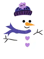 a snowman wearing a purple hat and scarf has two hearts on his chest