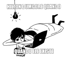 a black and white drawing of a person laying on a bed with a laptop and the words hilton dumgore quando