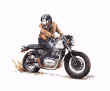 a watercolor painting of a man riding a motorcycle with a helmet that says arai on the front