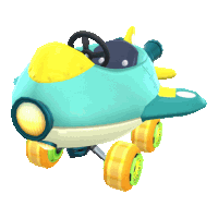 a blue and yellow toy airplane with a steering wheel