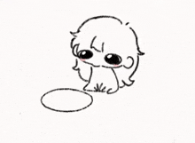 a black and white drawing of a person with big eyes and a circle around their head .