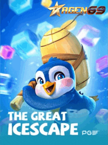 a penguin with a barrel on its back is on a poster that says the great icescape