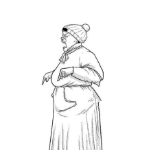 a black and white drawing of an elderly woman wearing a beanie and a scarf .