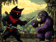 a pixel art of a cat and a gorilla fighting