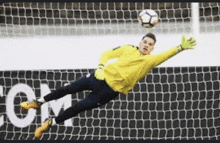 a soccer goalie is jumping in the air to catch a ball