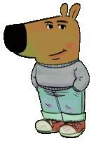 a cartoon dog wearing a sweater and jeans