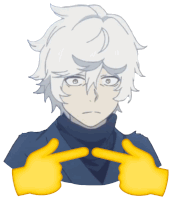 a drawing of a boy with white hair and yellow hands pointing to his face