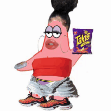 patrick star is holding a bag of takis chips .