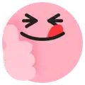 a pink smiley face with a red tongue sticking out and a thumbs up .