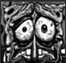 a black and white drawing of spongebob squarepants 's face with a skeleton looking face .