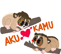 a couple of animals sitting on a branch with aku kamu written below them