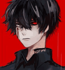 a black haired anime boy with red eyes and blood on his face .