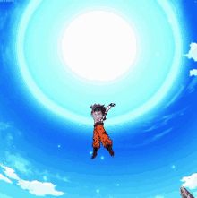 a cartoon character is flying through a blue sky with a white circle in the middle