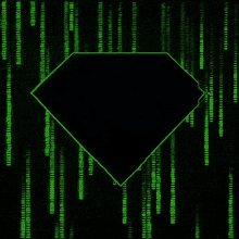 a green diamond is on a black background with binary code