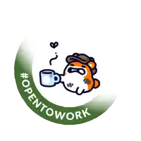 a sticker that says open to work with a hamster drinking from a mug