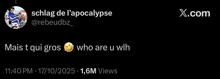 a screenshot of a tweet that says schlag de l' apocalypse