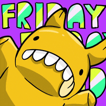 a cartoon drawing of a yellow monster with the words friday written on a purple background