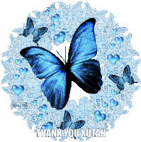 a blue butterfly is surrounded by blue hearts and the words thank you kutan below it