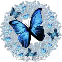 a blue butterfly is surrounded by blue hearts and the words thank you kutan below it