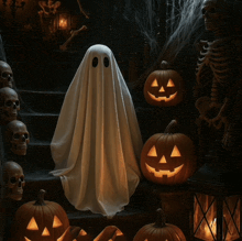 a ghost is standing on a set of stairs with pumpkins and skulls